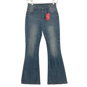 Flamingo Women’s Jeans Mid Rise Flare Leg Size Large Blue Fly Buttons Stretch